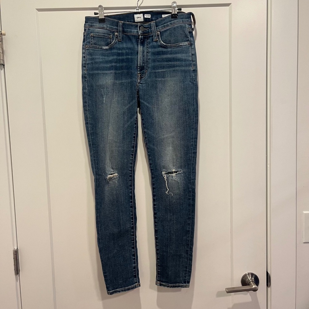 Edwin Pixie 9 Inch Mid Rise Skinny Jeans Distressed Medium Wash Blue‎ Size 27